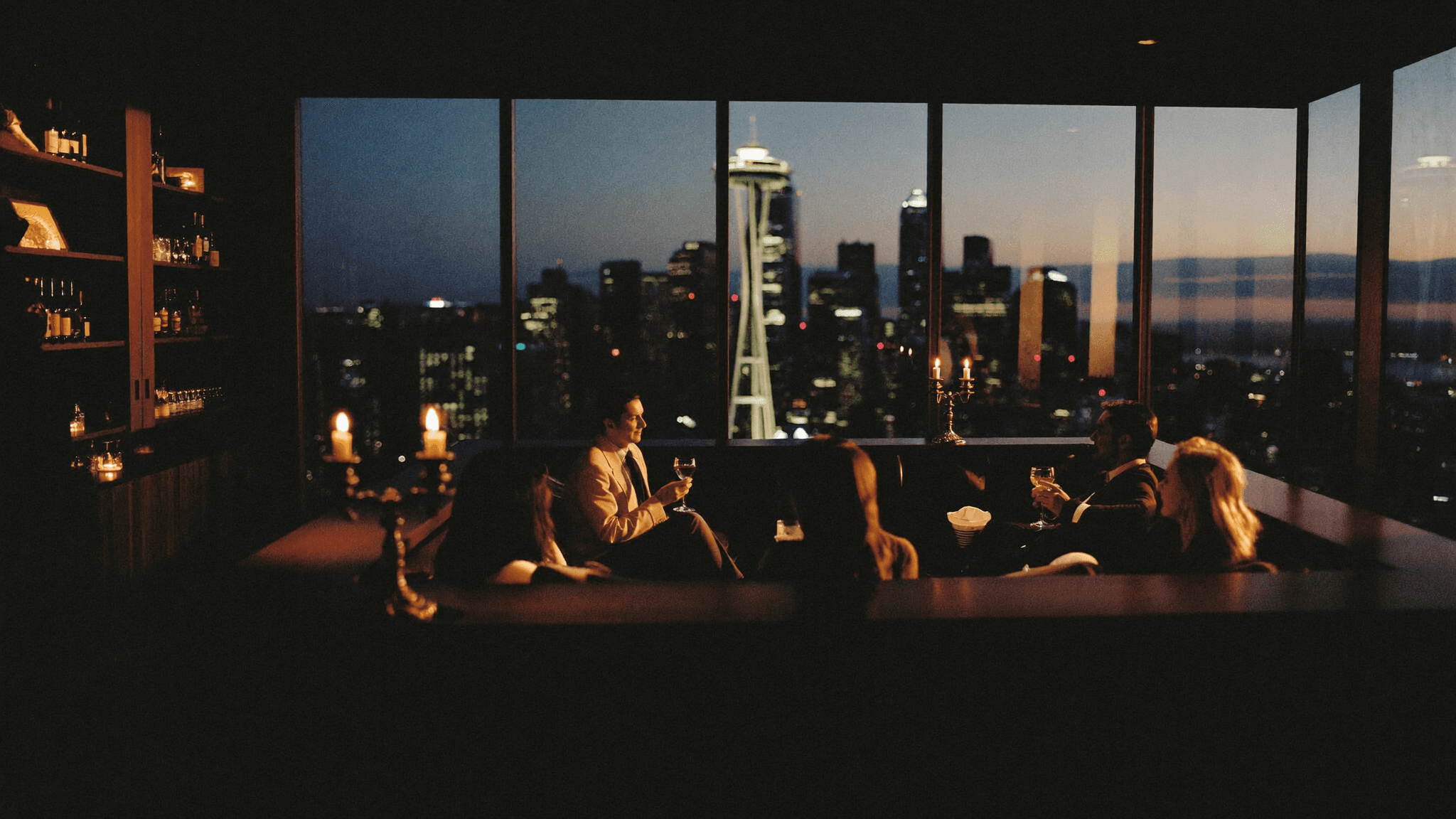 An evening on the 25th-floor sky lounge above Seattle